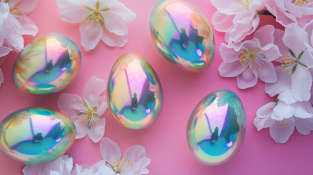 A collection of shiny, iridescent Easter eggs with holographic design nestled among delicate spring blossoms, set against a soft pastel background, evoke the freshness of the spring season.の素材