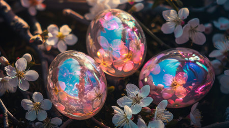 A collection of shiny, iridescent Easter eggs with holographic design nestled among delicate spring blossoms, set against a soft pastel background, evoke the freshness of the spring season.の素材
