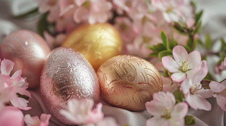 A colorful metallic shiny, iridescent Easter eggs with holographic design nestled among delicate spring blossoms, set against a soft pastel background, evoke the freshness of the spring season.の素材