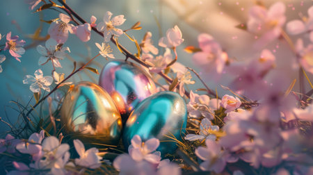 A colorful metallic shiny, iridescent Easter eggs with holographic design nestled among delicate spring blossoms, set against a soft pastel background, evoke the freshness of the spring season.の素材