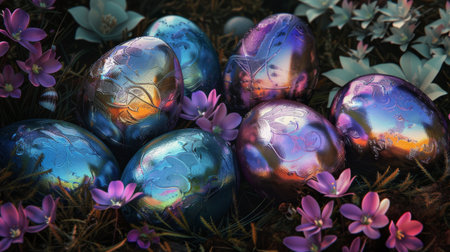 A colorful metallic shiny, iridescent Easter eggs with holographic design nestled among delicate spring blossoms, set against a soft pastel background, evoke the freshness of the spring season.の素材