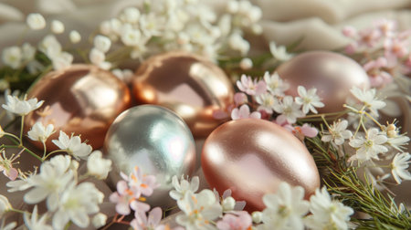 A colorful metallic shiny, iridescent Easter eggs with holographic design nestled among delicate spring blossoms, set against a soft pastel background, evoke the freshness of the spring season.の素材
