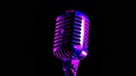A classic vintage microphone under neon blue and purple lights, highlighting its detailed design and technology.の素材
