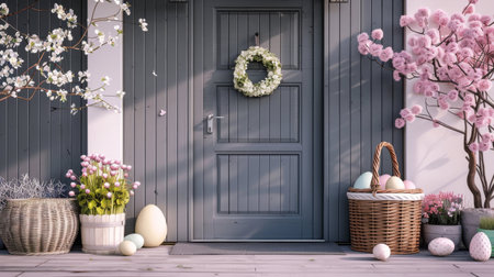 A welcoming front modern door scene adorned with Easter eggs, spring flowers, and festive decorations, capturing the essence of a cheerful springtime entryway.の素材