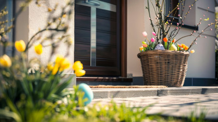 A welcoming front modern door scene adorned with Easter eggs, spring flowers, and festive decorations, capturing the essence of a cheerful springtime entryway.の素材
