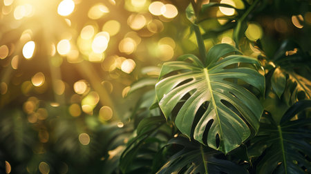 The rich greenery of palm and monstera leaves is bathed in a golden glow, with sparkling light creating a magical and warm tropical ambiance.の素材