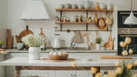 Elegant Easter Kitchen Decor with Eggs. A beautifully arranged kitchen scene for Easter, featuring a white bunny figurine, patterned eggs, and spring blossoms in a soft, pastel color palette.の素材