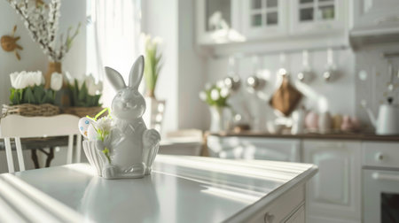 Elegant Easter Kitchen Decor with Eggs. A beautifully arranged kitchen scene for Easter, featuring a white bunny figurine, patterned eggs, and spring blossoms in a soft, pastel color palette.の素材