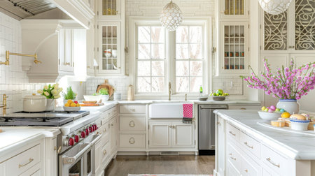 Elegant Easter Kitchen Decor with Eggs. A beautifully arranged kitchen scene for Easter, featuring a white bunny figurine, patterned eggs, and spring blossoms in a soft, pastel color palette.の素材