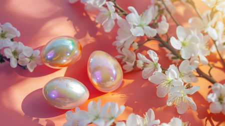 A collection of shiny, iridescent Easter eggs with holographic design nestled among delicate spring blossoms, set against a soft pastel background, evoke the freshness of the spring season.の素材