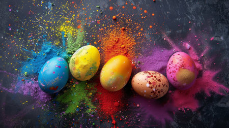 Colorful Easter Eggs Exploding in Colorful holi powder blowing up. Vibrantly colored Easter eggs burst in a dazzling explosion of colors and glitter, creating a festive and joyful holiday atmosphere.の素材