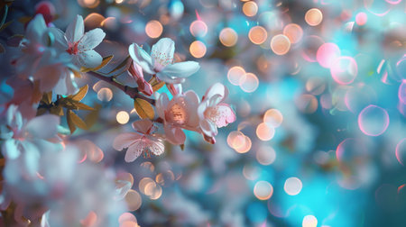 A collection of shiny, iridescent Easter eggs with holographic design nestled among delicate spring blossoms, set against a soft pastel background, evoke the freshness of the spring season.の素材