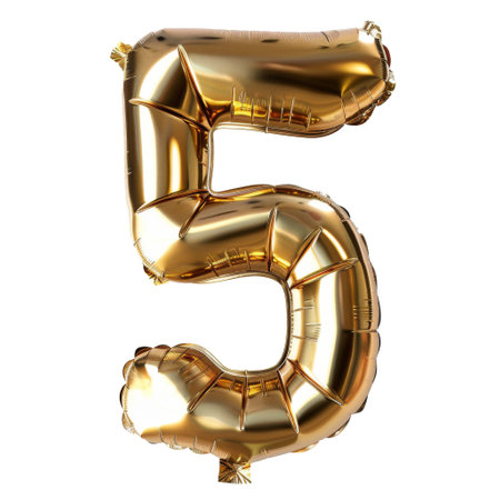 Golden Number five Balloon on White Backgroundの写真素材