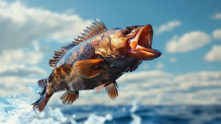 Largemouth Bass or perch Jumping Out of Water, A dynamic image capturing a largemouth bass fish leaping out of the water with splashing droplets, set against a blue sky.の素材