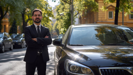 Confident Chauffeur Standing by Luxury Vehicle in Urban Setting, taxi driver near uber blackの素材