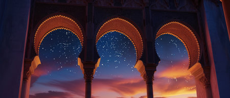 A close-up view of elegant Arabian arches against a clear night sky. Ramadan Kareem background with mosque arch. Islamic greeting Eid Mubarak cards for Muslim Holidays festival celebration.の素材