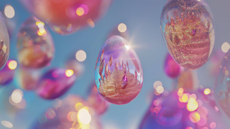 A collection of shiny, iridescent Easter eggs with holographic design scattered on a pink surface, reflecting the joyful spirit of the spring holiday.の素材