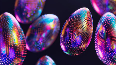 A collection of shiny, iridescent Easter eggs with holographic design scattered on a pink surface, reflecting the joyful spirit of the spring holiday.の素材