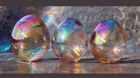 A collection of shiny, iridescent Easter eggs with holographic design scattered on a pink surface, reflecting the joyful spirit of the spring holiday.の素材