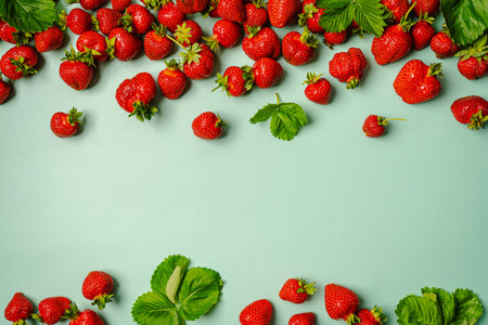 Strawberry on pastel green background, top view. Berries pattern. Fresh strawberry flat lay....