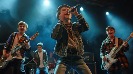 A trio of young boys passionately perform music on stage, with the lead singer in focus, microphone in hand.の素材