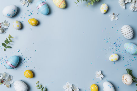 Happy Easter composition for easter design. Elegant Easter eggs and flowers on pastel blue...