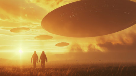 Large unidentified flying objects hover above a misty field, with beams of light suggesting a tranquil yet mysterious scene at dawn.の素材