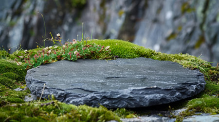 Serene Mountain Slate Display podium, A flat round black slate, nestled among delicate alpine flora, serves as a natural podium against the dramatic backdrop of rugged mountain peaksの素材
