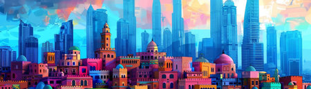 Dubai Skyline in Artistic Layers, The iconic Dubai skyline is re-imagined with vibrant colors and artistic flair, blending modern architectural marvels with the charm of traditional structuresの素材