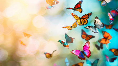 Sunlit Dance of Monarch Butterflies, Monarch butterflies in flight, illuminated by sunlight that filters through a bokeh backdrop, creating a vibrant and dynamic celebration of natureの素材