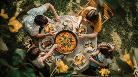 A joyful family gathers around a table in a lush garden to share a homemade paella, enjoying each other's company. Serving delicious paella outdoors, top view. Traditional spanish food. Gastronomy.の素材