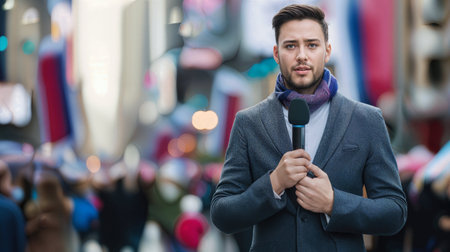 Male Reporter Preparing for Live Election Broadcast, A sharp-dressed male reporter with a microphone stands against a blurred backdrop of American flags, ready for a live election broadcast.の素材