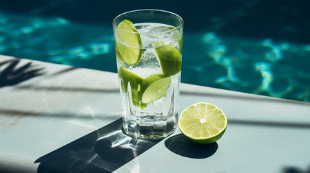 Citrus infused water, cocktail, lemonade in glass near pool. Summer iced cold drink with lime on blue water background, copy space, side viewの素材