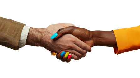 Multiethnic young women shake hands meeting together, they show business friend team harmony, have positive expressions agreement. Business no limit racism unity concept. white background isolatedの写真素材
