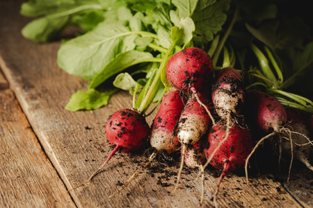 Fresh radish lies on wooden background Diet food. Fresh vegetables for making vitamin salad.の写真素材