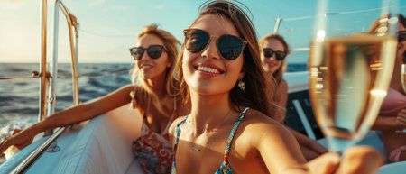 Smiling girls with champagne glasses on boat or yacht. summer holidays, vacation, travel, sea, holidays concept. close up of happy friends clinking glasses of champagne and sailing on yachtの素材