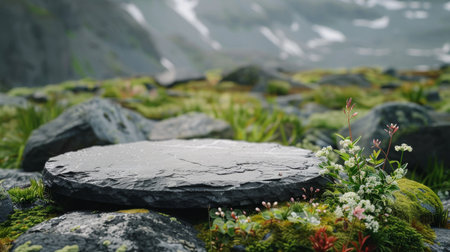 Serene Mountain Slate Display podium, A flat round black slate, nestled among delicate alpine flora, serves as a natural podium against the dramatic backdrop of rugged mountain peaksの素材