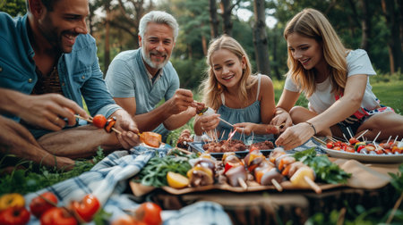 Group of happy friends and family eating and cooking at a garden barbecue - Concept of happiness with young people at home enjoying food togetherの素材
