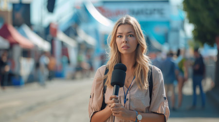 Field Reporter Live on Election Day in the City, A female field reporter, with microphone in hand, reports live on the bustling streets during Election Day, framed by American flags.の素材