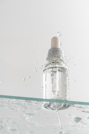 Glass tube of cosmetic product with serum on a glass shelf and water drops on a white background, bottom view. Skin care conceptの写真素材