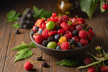 Various fresh berries in a bowl. Mix of different fresh berries on wooden background. Strawberries, raspberries, gooseberries and cherries are presented.の写真素材