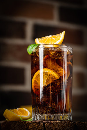 Cuba Libre in a glass with brown rum, cola, mint and lemon on brick background. Cuba Libre or long island iced tea cocktail with strong drinksの写真素材