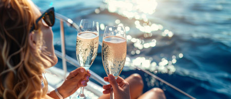 Smiling girls with champagne glasses on boat or yacht. summer holidays, vacation, travel, sea, holidays concept. close up of happy friends clinking glasses of champagne and sailing on yachtの素材