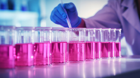 the doctor working in a laboratory background with row of pink science bottlesの写真素材