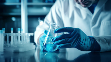 the doctor working in a laboratory background with row of blue science bottlesの写真素材