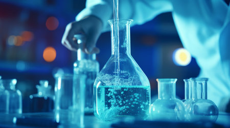 the doctor working in a laboratory background with row of blue science bottles