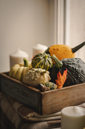 pumpkins next to the window with candles, book and warm blanket. Cozy home atmosphere in sunny...