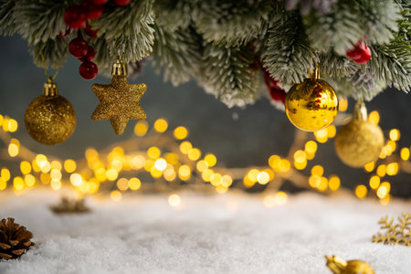 Christmas Holiday background with snow, fir tree and decorations with christmas light behind. Christmas golden balls on a winter festive background.の写真素材