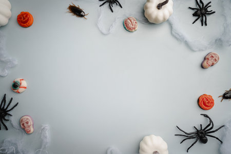 A modern greeting card for Halloween. Pumpkins, cobwebs, spiders, bats and candies, a ghost on a fashionable blue background. A banner with a place to copy the text. Top view. Flat Lay.の写真素材