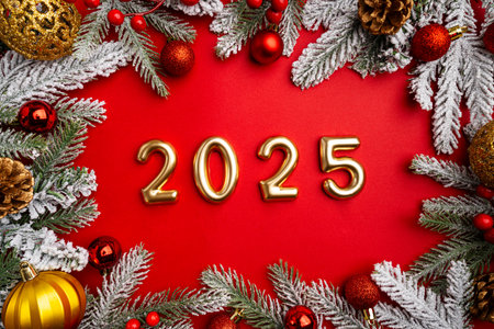 Christmas and Happy New year 2025 with gold glitter decorations on green bright background. Holiday party decoration . Christmas celebration, holiday cardの写真素材